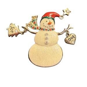 Snowman Christmas Brooch Pin Signed KC Kenneth Cole Glitter Dangle 2 In
